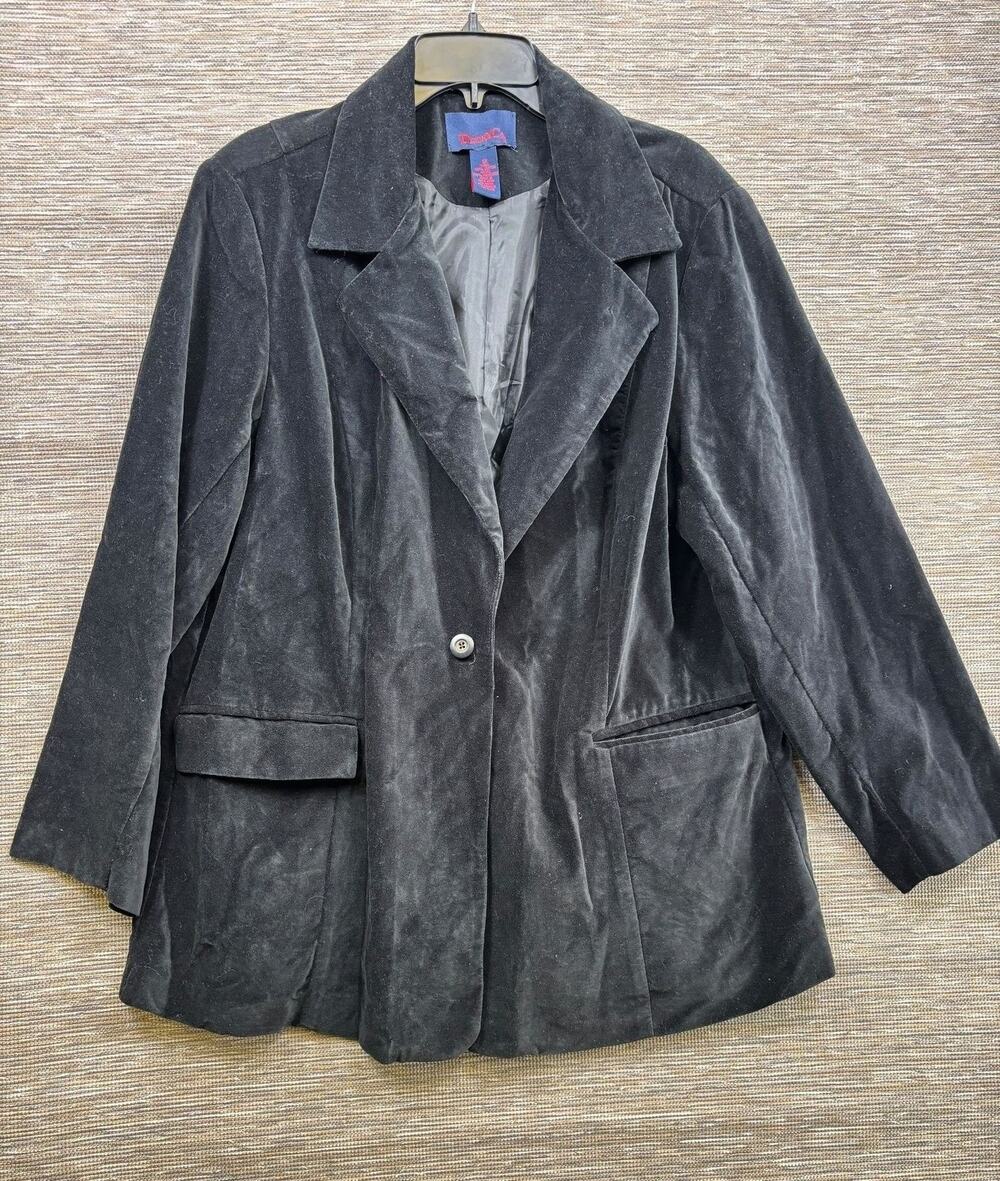 Denim & Co Blazer Jacket Womens Size 1X Black Velvet Single Button Lined Pockets